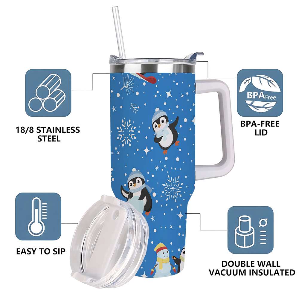 Penguin Winter Travel Tumbler with Lid and Straw, Stainless Steel Insulated Cup with Cute Snow & Ski Design