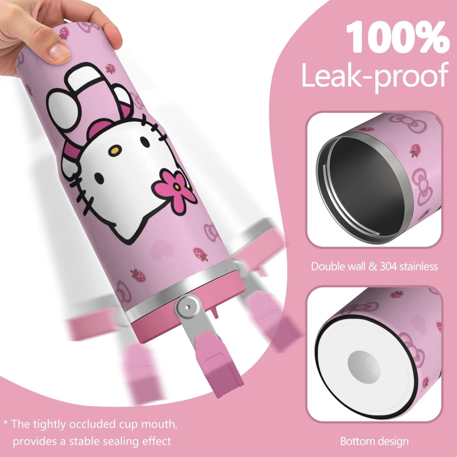 30oz Hello Kawaii Cat Cute Stainless Steel Tumbler with Lid and Straw,Spill Proof Travel Cup Double Wall Vacuum Insulated Coffee Mug with Top Handle Pink