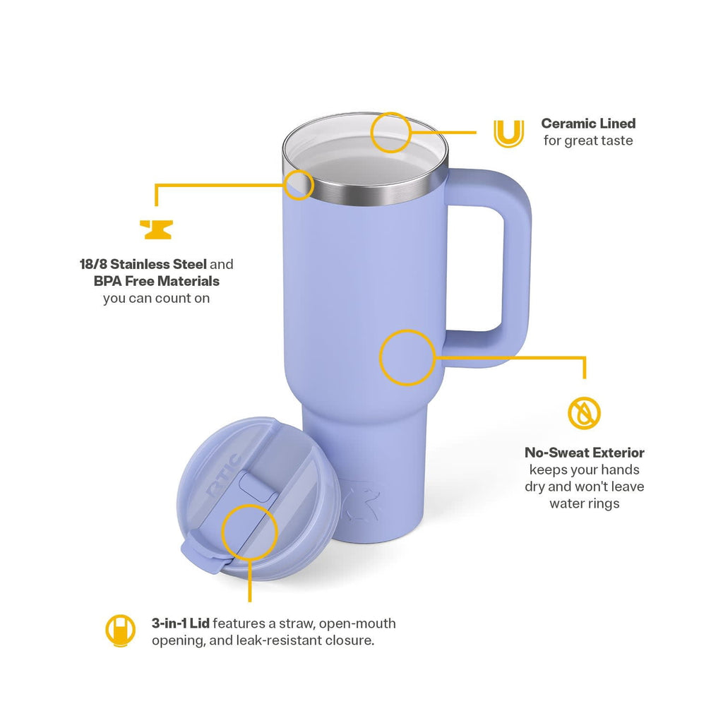 RTIC 40 oz Ceramic Lined Road Trip Tumbler with Handle and Leak-Resistant Straw Lid, Periwinkle