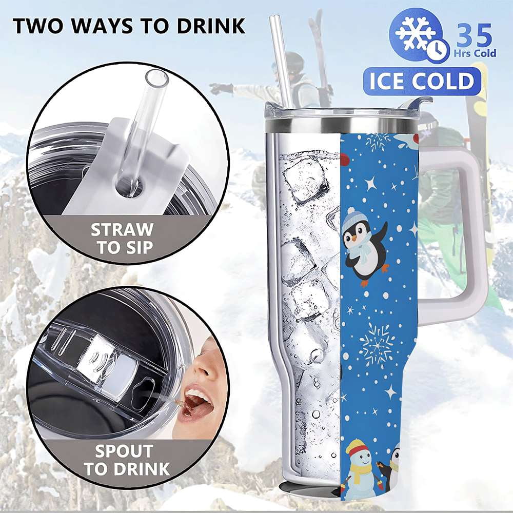 Penguin Winter Travel Tumbler with Lid and Straw, Stainless Steel Insulated Cup with Cute Snow & Ski Design