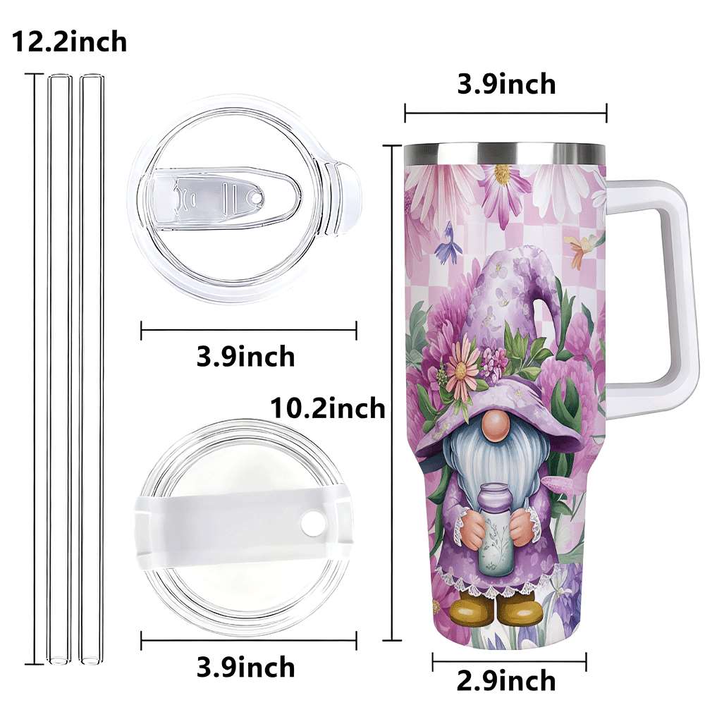 Purple Floral Gnome Stainless Steel Tumbler with Handle and Straw, Insulated Travel Mug for Women, Cute Spring Flower Cup Gift