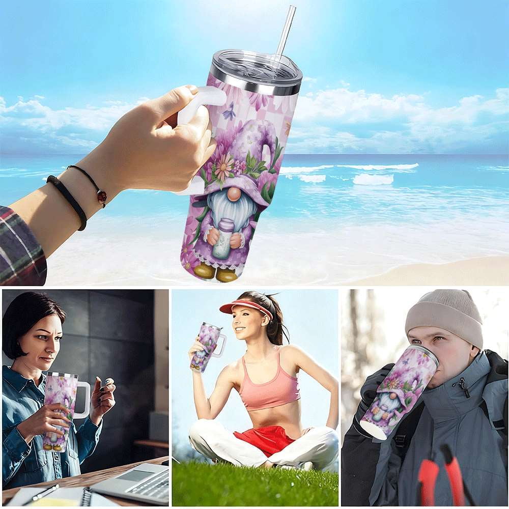 Purple Floral Gnome Stainless Steel Tumbler with Handle and Straw, Insulated Travel Mug for Women, Cute Spring Flower Cup Gift