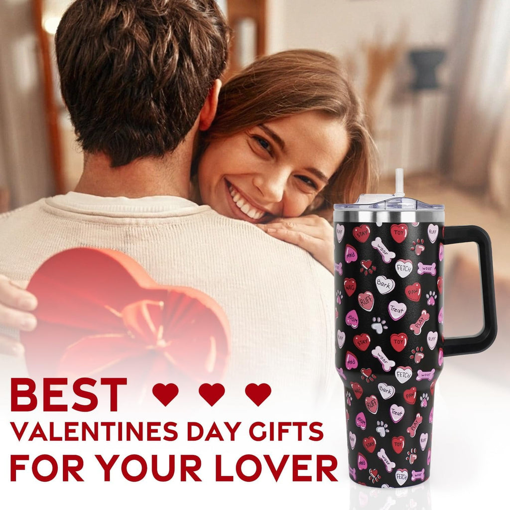 Valentines Day Gifts 40 oz Tumbler with Handle and Straw Lid,Valentine''s Day Gift for Her Women Girlfriend Wife Dog Bones and Candy Hearts Vacuum Insulated Leak Proof Stainless Steel Coffee Cup Mug