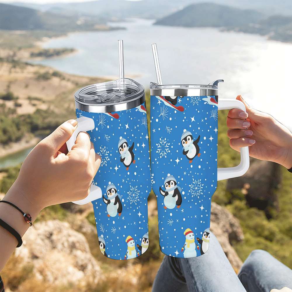 Penguin Winter Travel Tumbler with Lid and Straw, Stainless Steel Insulated Cup with Cute Snow & Ski Design
