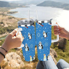 Penguin Winter Travel Tumbler with Lid and Straw, Stainless Steel Insulated Cup with Cute Snow & Ski Design
