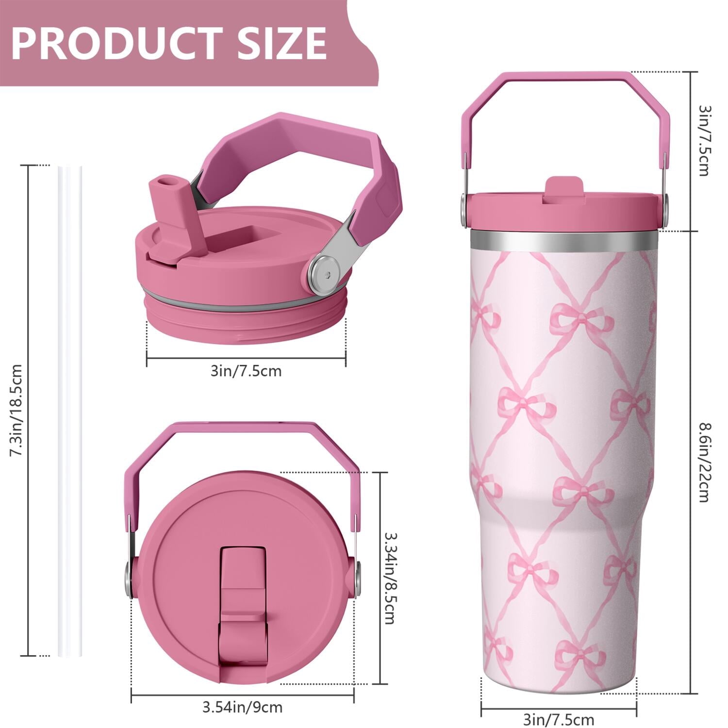 1pc Bow 30oz Tumbler with Straw & Handle - Insulated Stainless Steel Cup | Holiday Gift for Man Women (Christmas, Valentine's, Birthday)