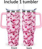 40 Oz Valentines Day Tumbler 3d-Printed Pink Love Tumbler Gifts for Couple Women Men Insulated Travel Cup with Handle Lid and Straw