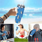 Penguin Winter Travel Tumbler with Lid and Straw, Stainless Steel Insulated Cup with Cute Snow & Ski Design