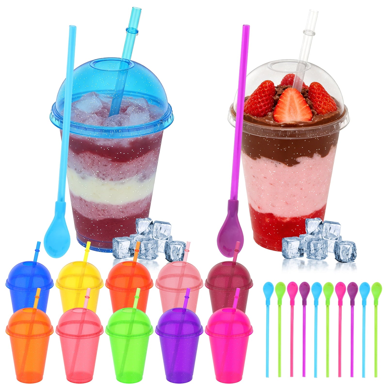12 Sets-16 oz Slushie Cups with Dome Lids and Straws Detachable Spoon Straws Reusable Plastic Iced Coffee Cups Smoothie Tumbler for Birthdays Summer Party Supplies(Multi Color)