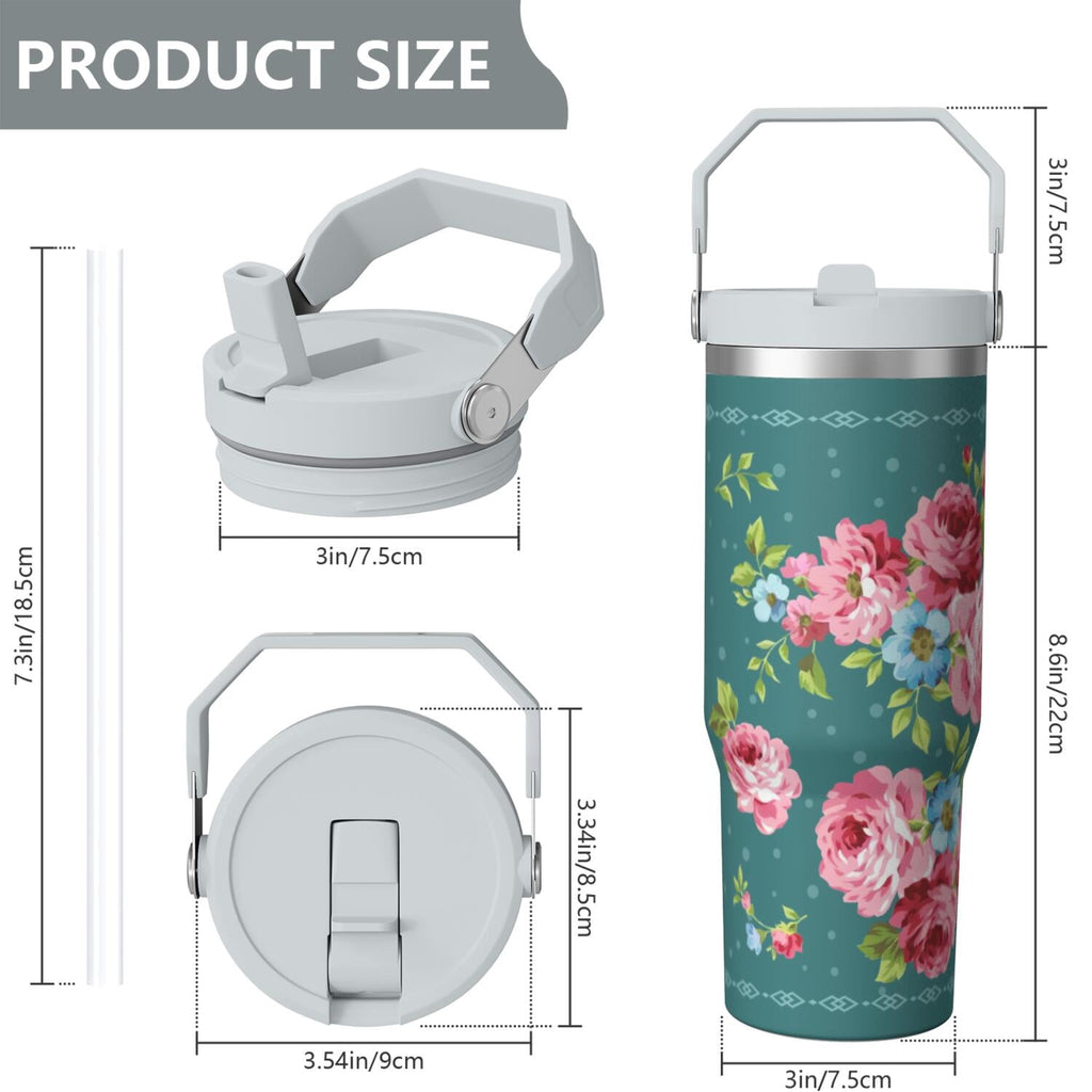 30oz Pioneer Colorful Floral Stainless Steel Flip Straw Tumbler with Lid and Straw Spill Proof Travel Cup Double Wall Vacuum Insulated Coffee Mug with Top Handled White