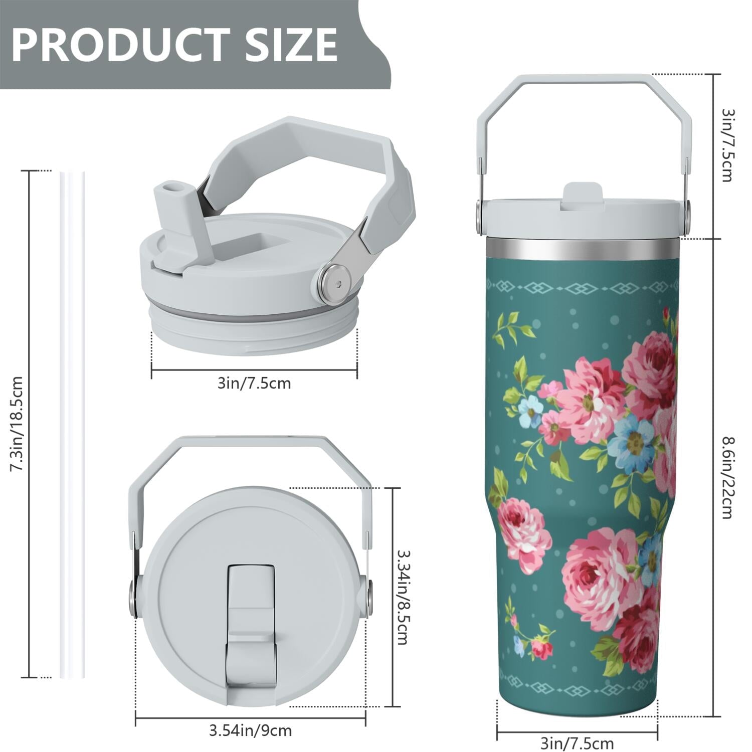 30oz Pioneer Colorful Floral Stainless Steel Flip Straw Tumbler with Lid and Straw Spill Proof Travel Cup Double Wall Vacuum Insulated Coffee Mug with Top Handled White