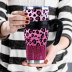 Sunmdecor Pink Leopard Print Tumbler with Handle and Silicone Straws - 40 Oz Cheetah Insulated Tumbler - Leopard Cup Gift for Women
