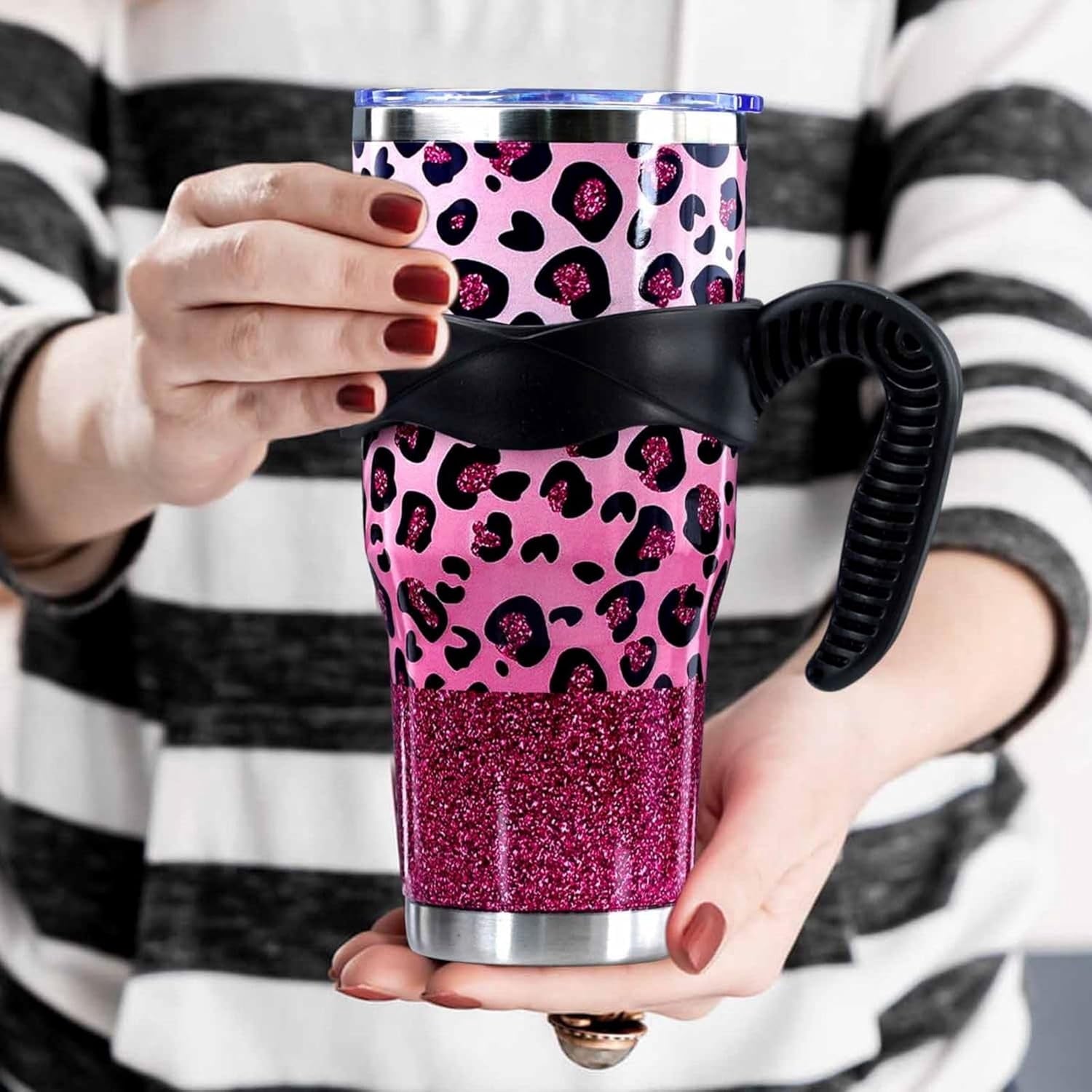 Sunmdecor Pink Leopard Print Tumbler with Handle and Silicone Straws - 40 Oz Cheetah Insulated Tumbler - Leopard Cup Gift for Women
