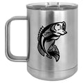 15 oz Tumbler Coffee Mug Travel Cup With Handle & Lid Vacuum Insulated Stainless Steel Bass Fish (Silver)