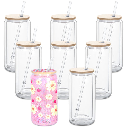 16 Oz Glass Snow Globe Tumbler with Bamboo Lid, 8 Pack Double Wall tumblers, Pre-Drilled Snow Globe cups for Glitter Diy Gifts (clear)