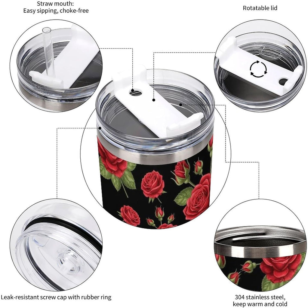40 oz Insulated Floral Flowers Red Rose Coffee Tumbler with Portable Handle, Stainless Steel Vacuum Travel Mug for Unisex Home, Office Use