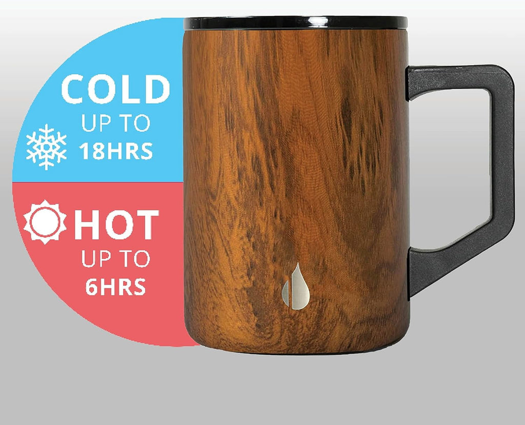 Elemental Summit Insulated Coffee Mug with Lid & Handle, Insulated Vacuum Camp Coffee Cup, Triple Wall Stainless Steel Travel Mug, Hot and Cold Thermal Coffee Tumbler, 16oz - Teakwood