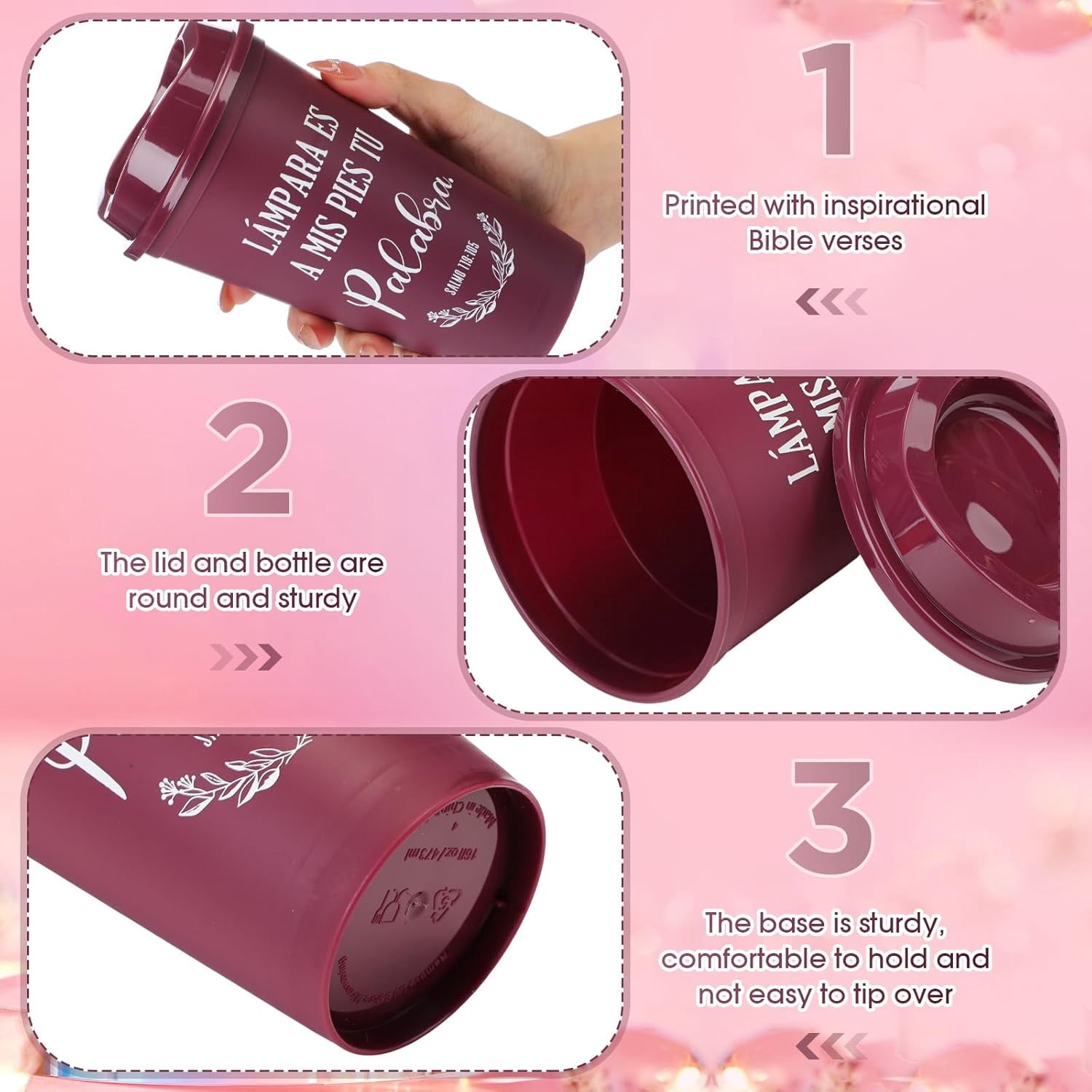 Spanish Bible Verse Tumblers Bulk, 16 oz Reusable Christian Cups with Lids, Plastic Coffee Cups for Church Events, Bible Study, Sunday School, Teacher Appreciation(Wine Red,24)