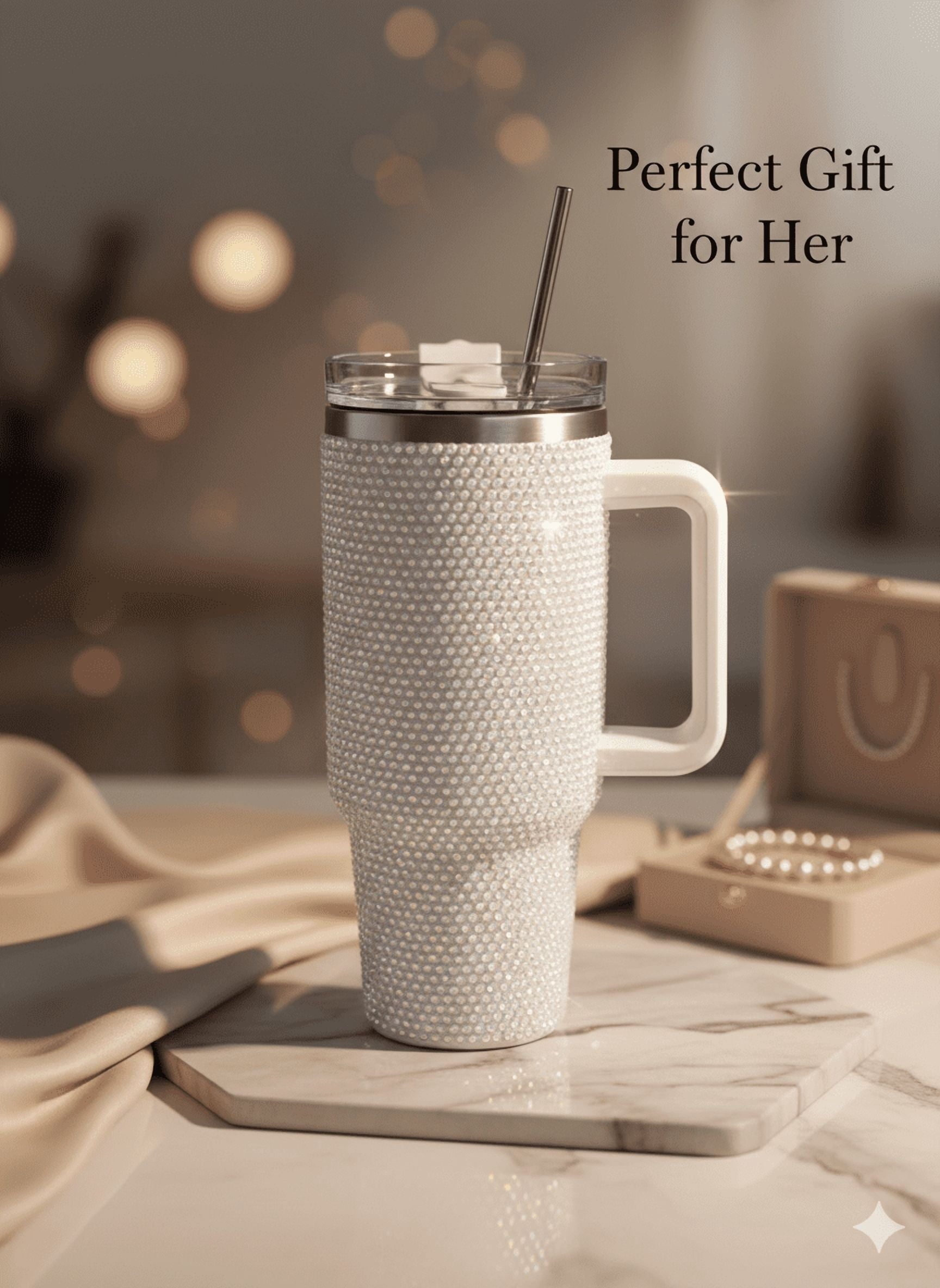 Thirstee 40 oz Rhinestone Tumbler with Handle and Metal Straw Lid, White Bling Insulated Travel Mug