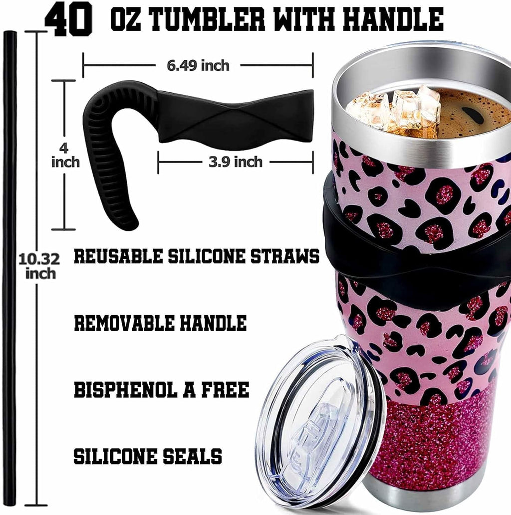 Sunmdecor Pink Leopard Print Tumbler with Handle and Silicone Straws - 40 Oz Cheetah Insulated Tumbler - Leopard Cup Gift for Women