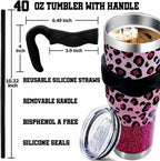 Sunmdecor Pink Leopard Print Tumbler with Handle and Silicone Straws - 40 Oz Cheetah Insulated Tumbler - Leopard Cup Gift for Women