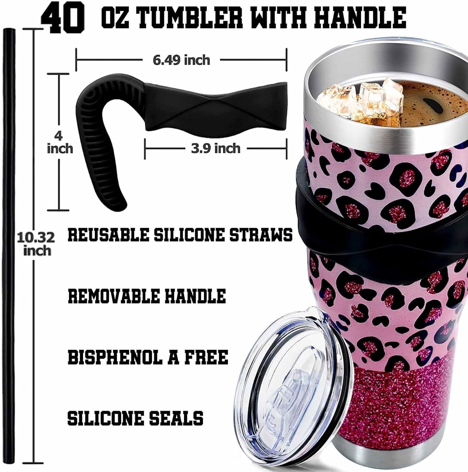 Sunmdecor Pink Leopard Print Tumbler with Handle and Silicone Straws - 40 Oz Cheetah Insulated Tumbler - Leopard Cup Gift for Women