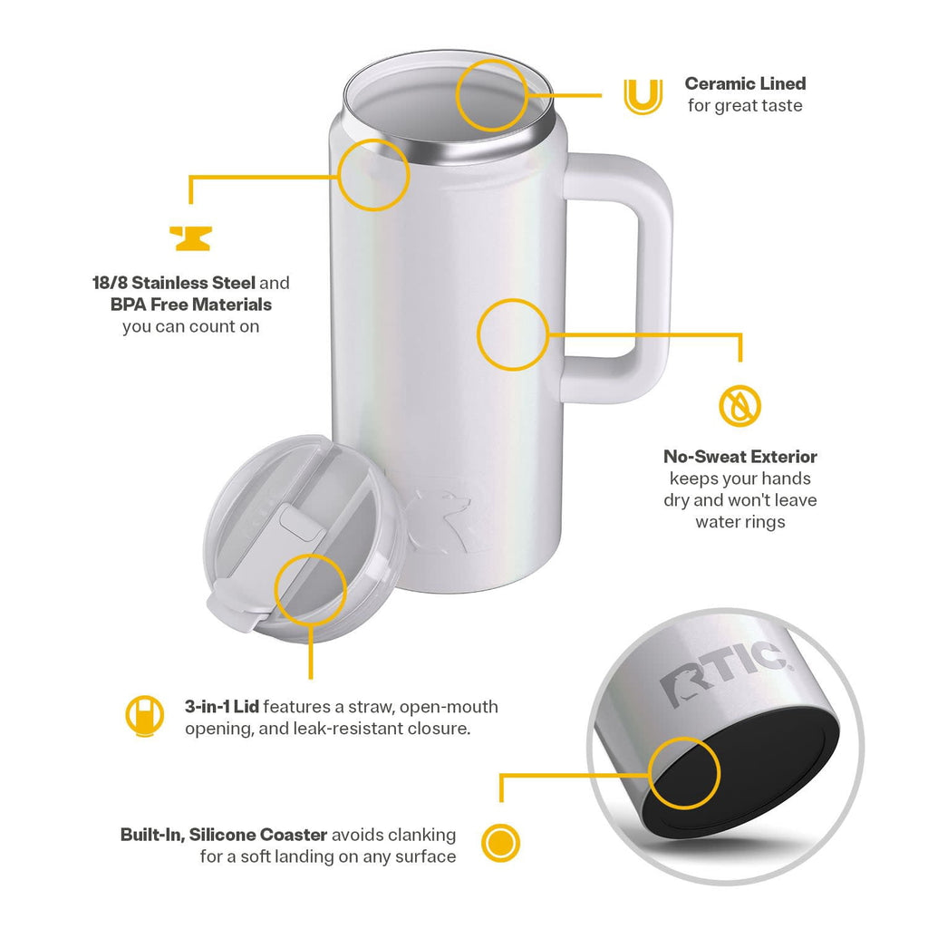 RTIC 64 oz Ceramic Lined Road Trip Tumbler with Handle and Leak-Resistant Straw Lid, White Glitter