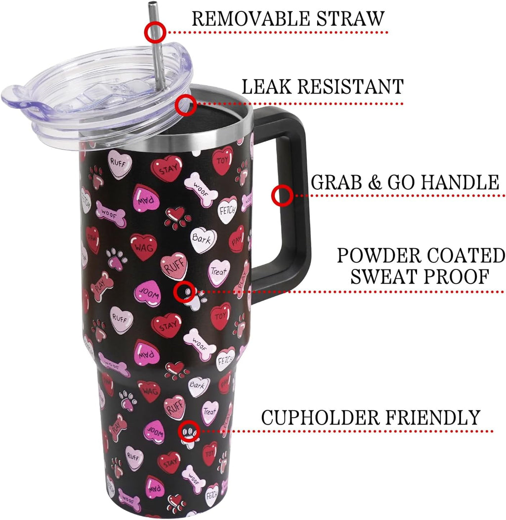 Valentines Day Gifts 40 oz Tumbler with Handle and Straw Lid,Valentine''s Day Gift for Her Women Girlfriend Wife Dog Bones and Candy Hearts Vacuum Insulated Leak Proof Stainless Steel Coffee Cup Mug