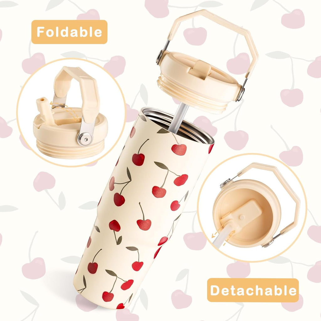 Cherry Tumbler, Cherry Gifts for Women 30 oz Tumbler with Handle and Flip Straw Stainless Steel Insulated Cup Travel Mug Water Bottle