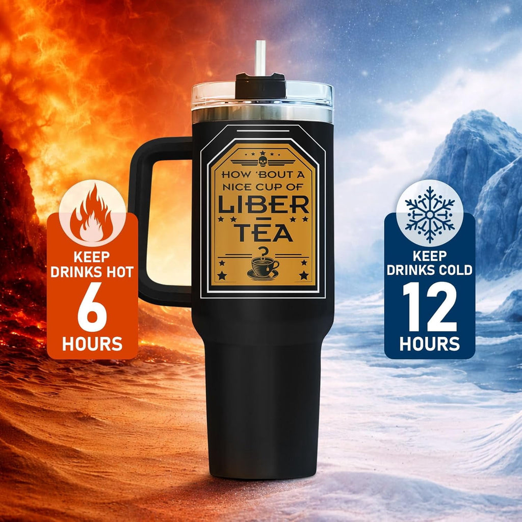 Liber Tea Tumbler 40oz with Handle and Straw, Patriotic Tea Vacuum Insulated Travel Gaming Cup, Gamer Gifts for Father''s Day - Cool Birthday Present for Him, Men & Daddy