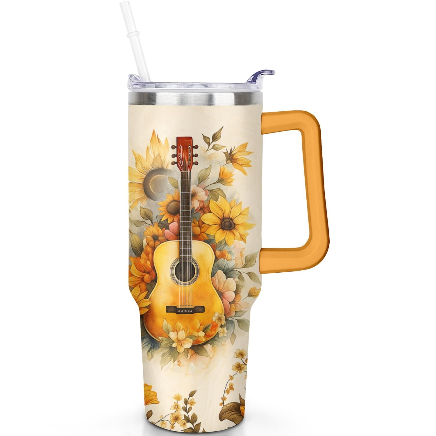 Herobuddy™ 1pc Sunflower 40oz Tumbler with Straw & Handle - Insulated Stainless - Reusable Stainless Steel Cup