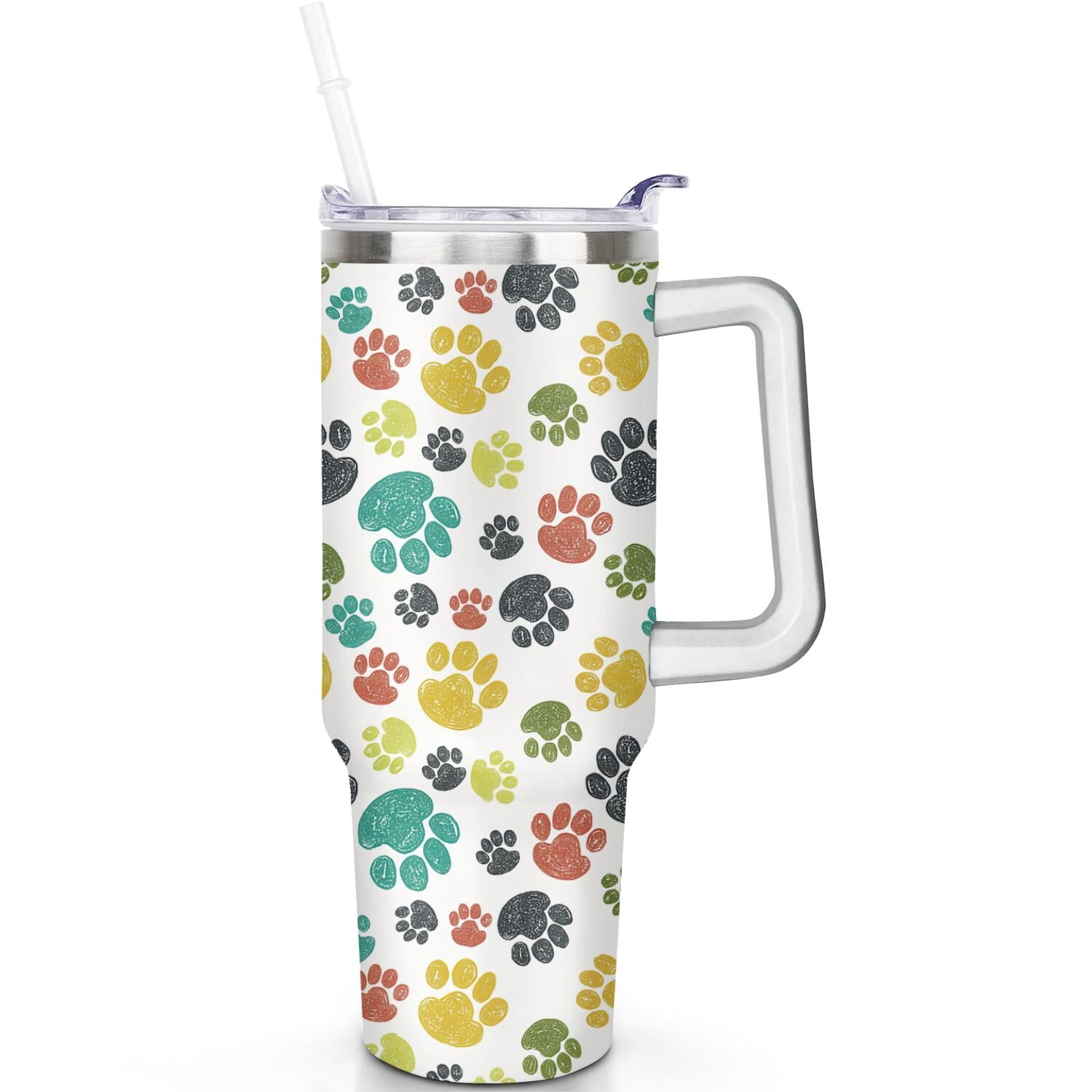 1pc Paw prints 40oz Tumbler with Straw & Handle - Insulated Stainless Steel Cup | Holiday Gift for Man Women (Christmas, Valentine's, Birthday)