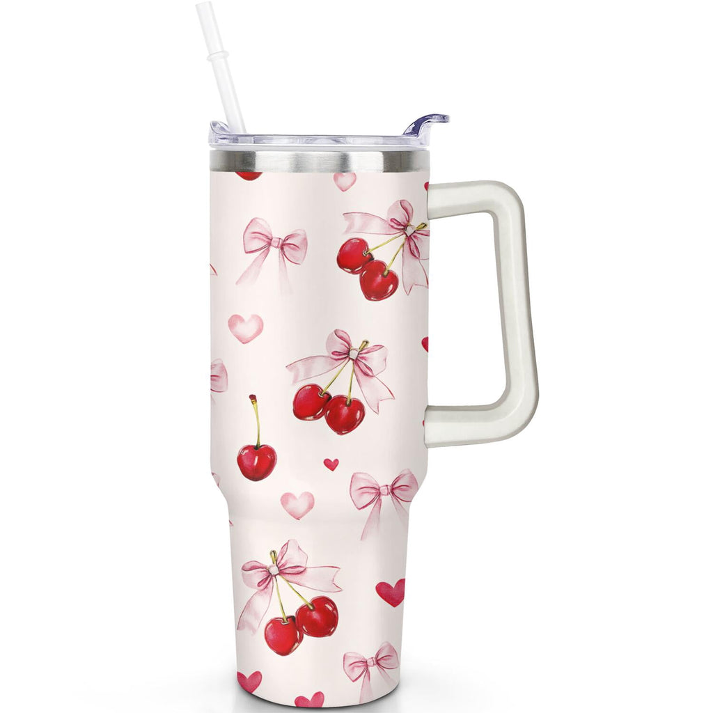 1pc cherry 40oz Tumbler with Straw & Handle - Insulated Stainless Steel Cup | Holiday Gift for Man Women (Christmas, Valentine's, Birthday)
