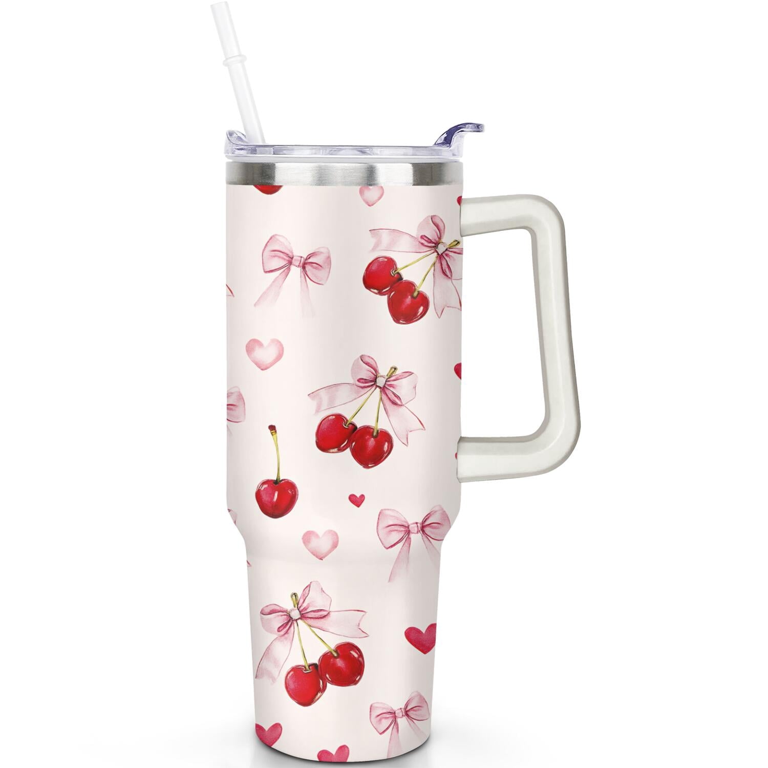 1pc cherry 40oz Tumbler with Straw & Handle - Insulated Stainless Steel Cup | Holiday Gift for Man Women (Christmas, Valentine's, Birthday)