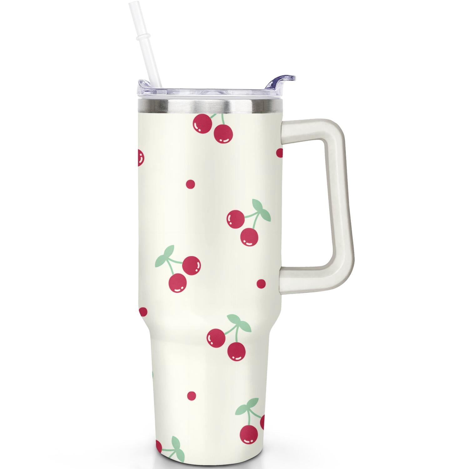 1pc cherry 40oz Tumbler with Straw & Handle - Insulated Stainless Steel Cup | Holiday Gift for Man Women (Christmas, Valentine's, Birthday)