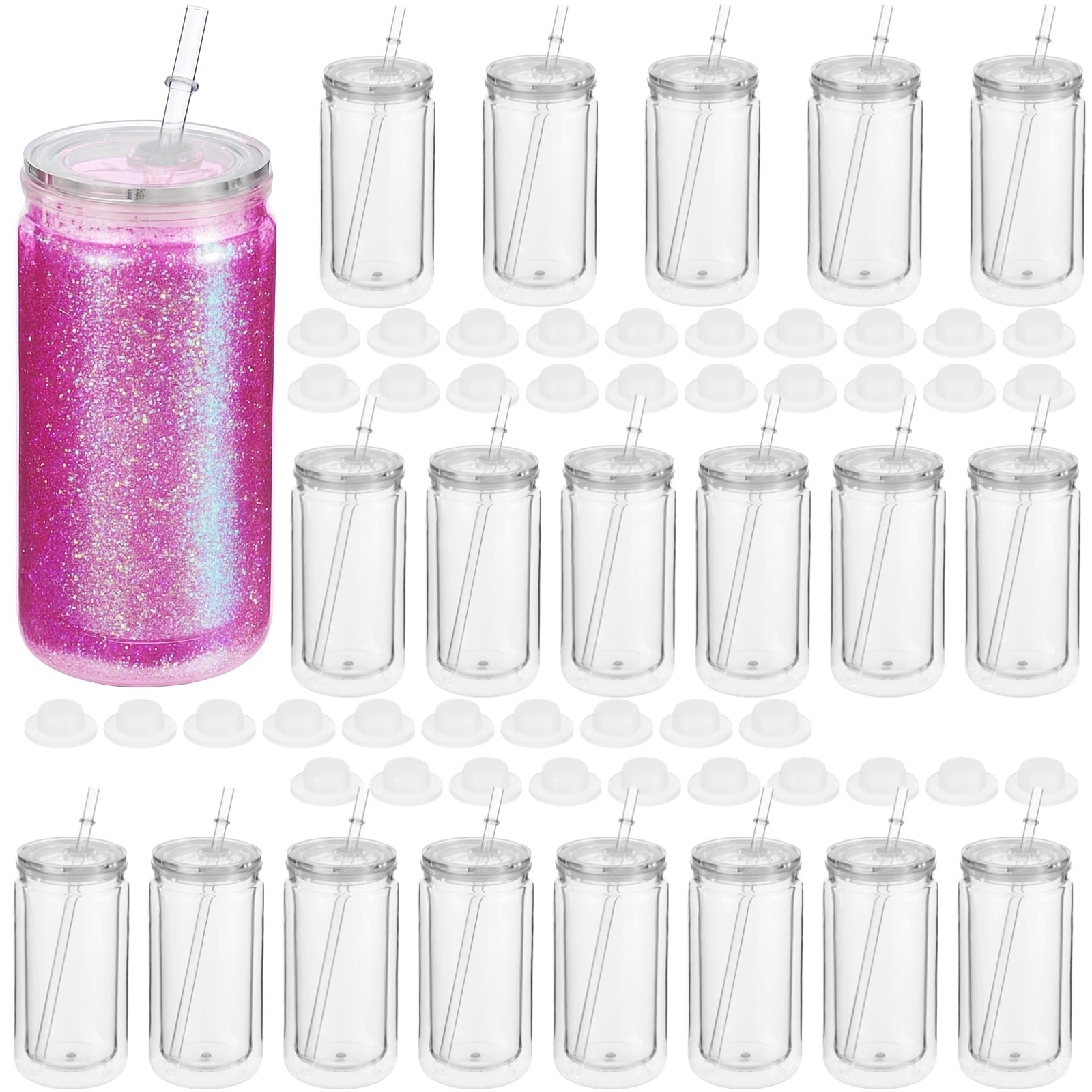 20 Pcs 16 fl oz Plastic Tumblers with Lids and Straws, Double Wall Tumbler with Pre Drilled Hole Bulk Snow Globe Cups, Reusable Mason Cup with Silicone Plugs for Cold Drinks, DIY, Parties