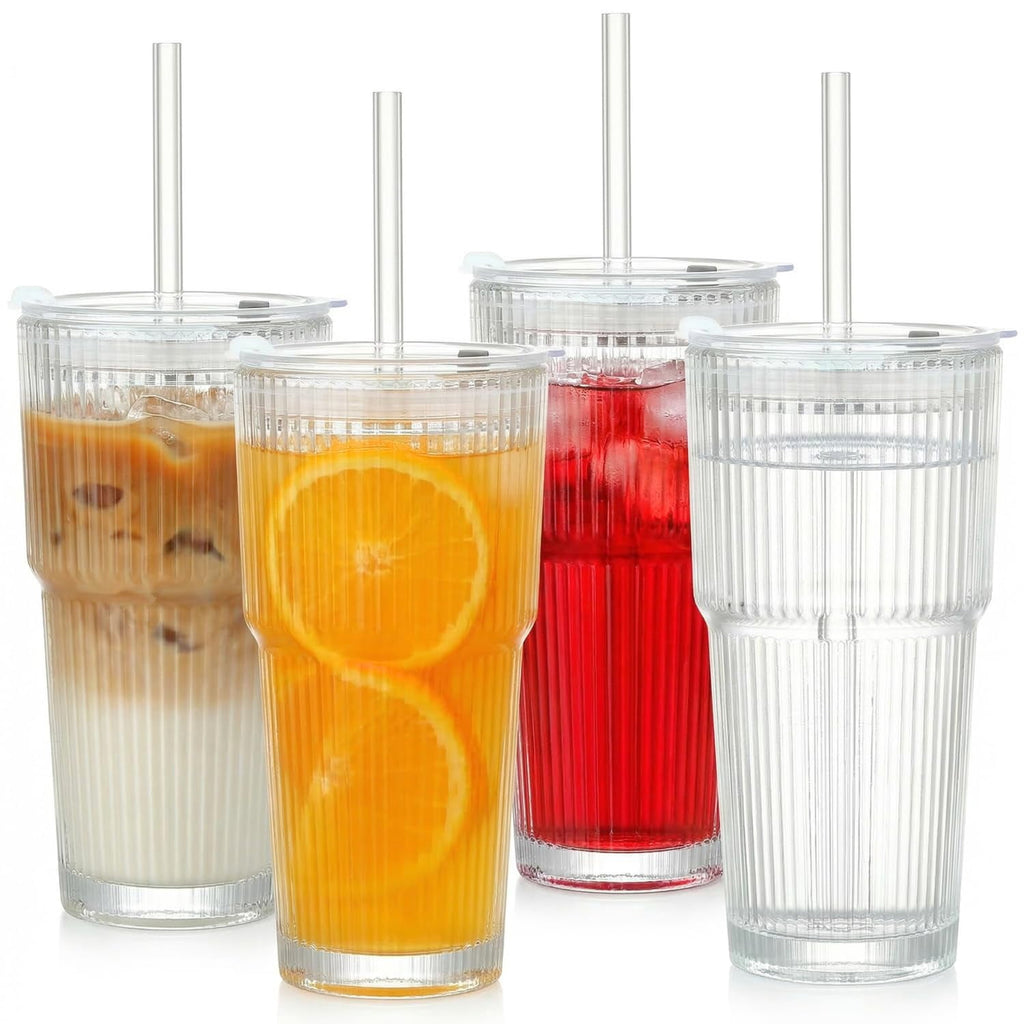 20 oz Clear Ribbed Glass Tumbler with Lid and Straw, Spill-proof Iced Coffee Cups, Hobnail Drinking Set of 4, Vintage Glassware
