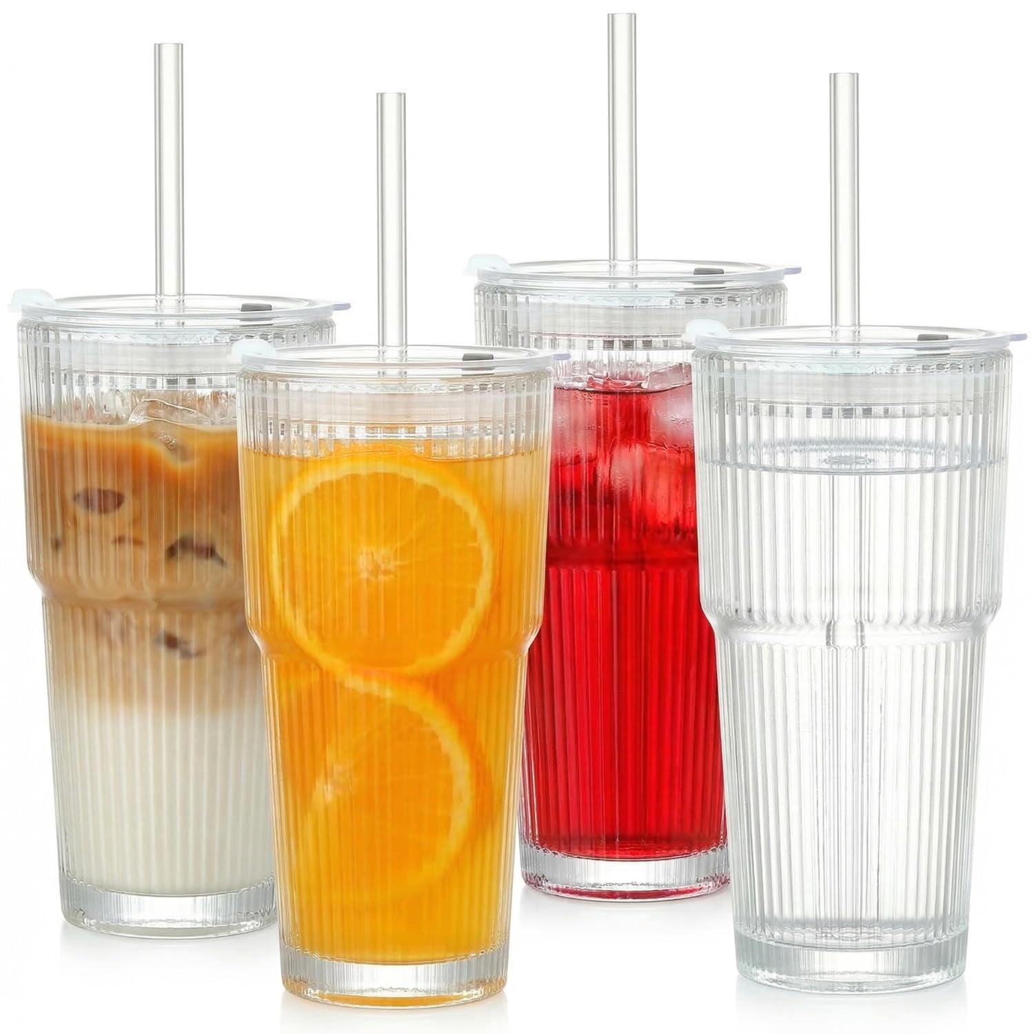 20 oz Clear Ribbed Glass Tumbler with Lid and Straw, Spill-proof Iced Coffee Cups, Hobnail Drinking Set of 4, Vintage Glassware