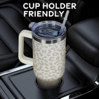 40oz Tumbler with Handle and Straw Lid | Vacuum Insulated Leak Proof Tumbler | Stainless Steel Travel Mug Water Bottle Cup Keeps Cold & Hot | Cream Leopard