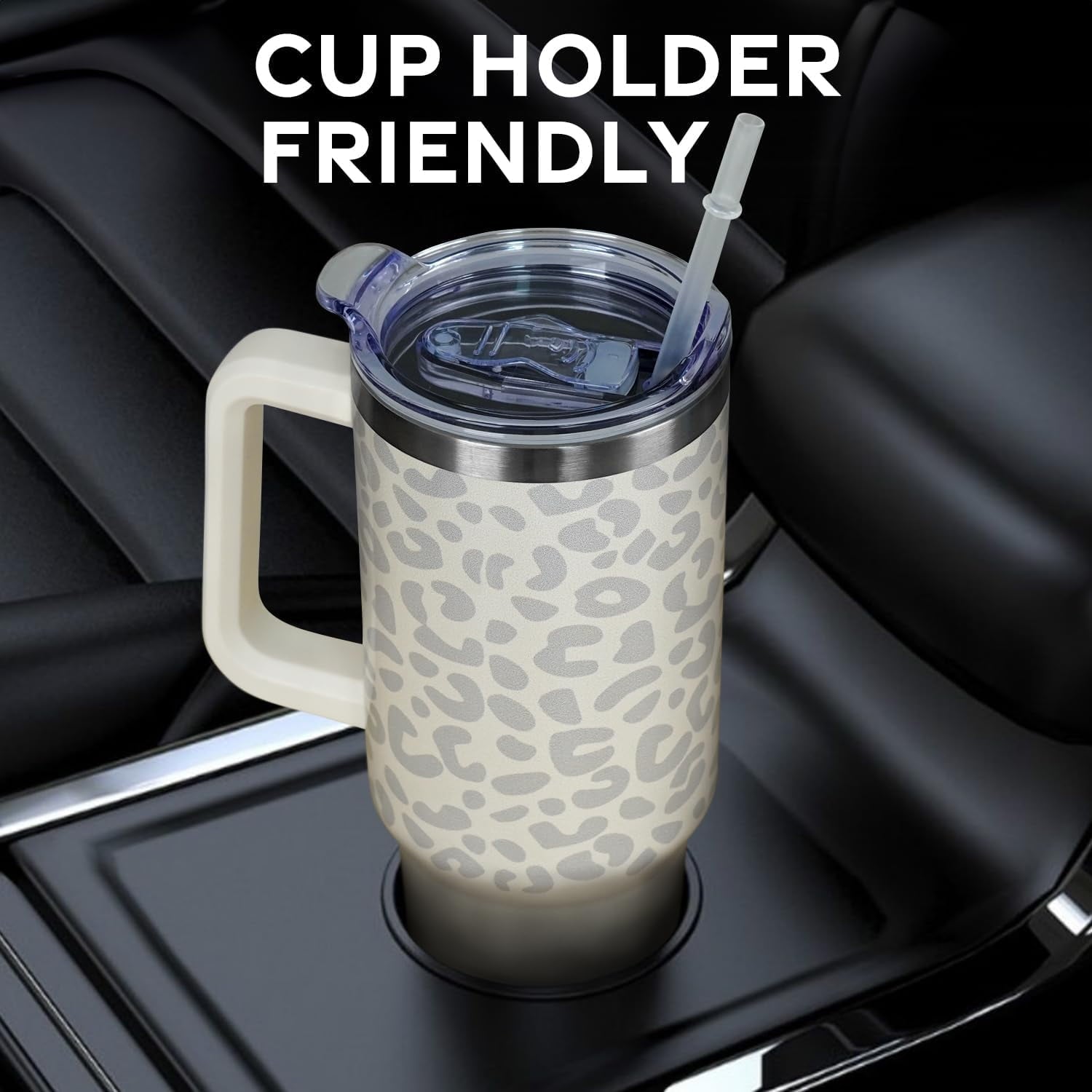 40oz Tumbler with Handle and Straw Lid | Vacuum Insulated Leak Proof Tumbler | Stainless Steel Travel Mug Water Bottle Cup Keeps Cold & Hot | Cream Leopard