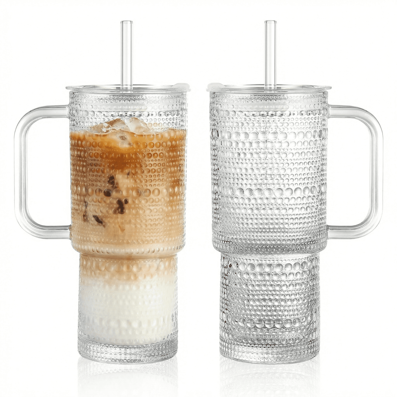 26oz Drinking Glasses with Handle & Lid – 2-Pack Large Iced Coffee Cups with Straws, Modern Glass Tumbler for Cold & Hot Beverages, Aesthetic Travel Cup for Smoothies, Tea, and Juice