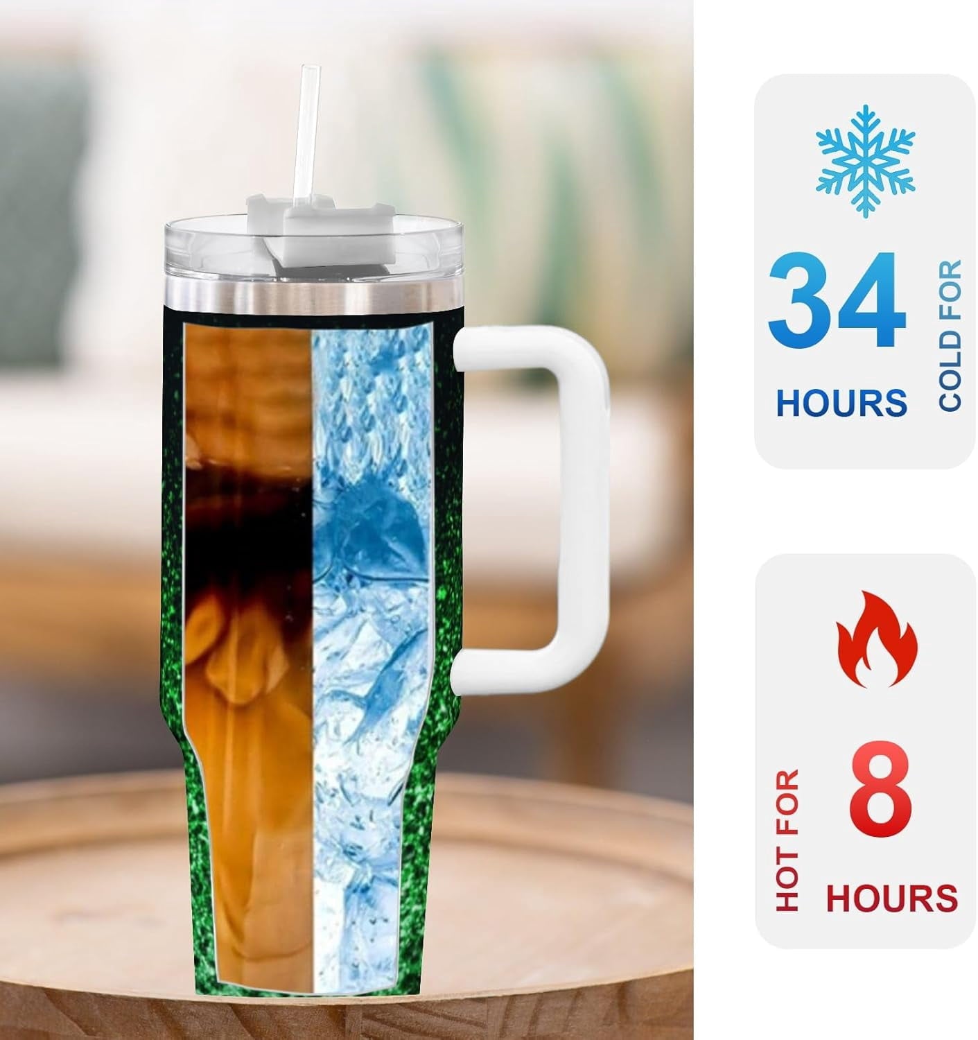 Ombre Leopard Glitter 40 oz Insulated Double Wall Stainless Steel Tumbler with Handle and Straw, Lid, Large Travel Mug Fits in Cup Holder, Cup Gift for Women(Green)