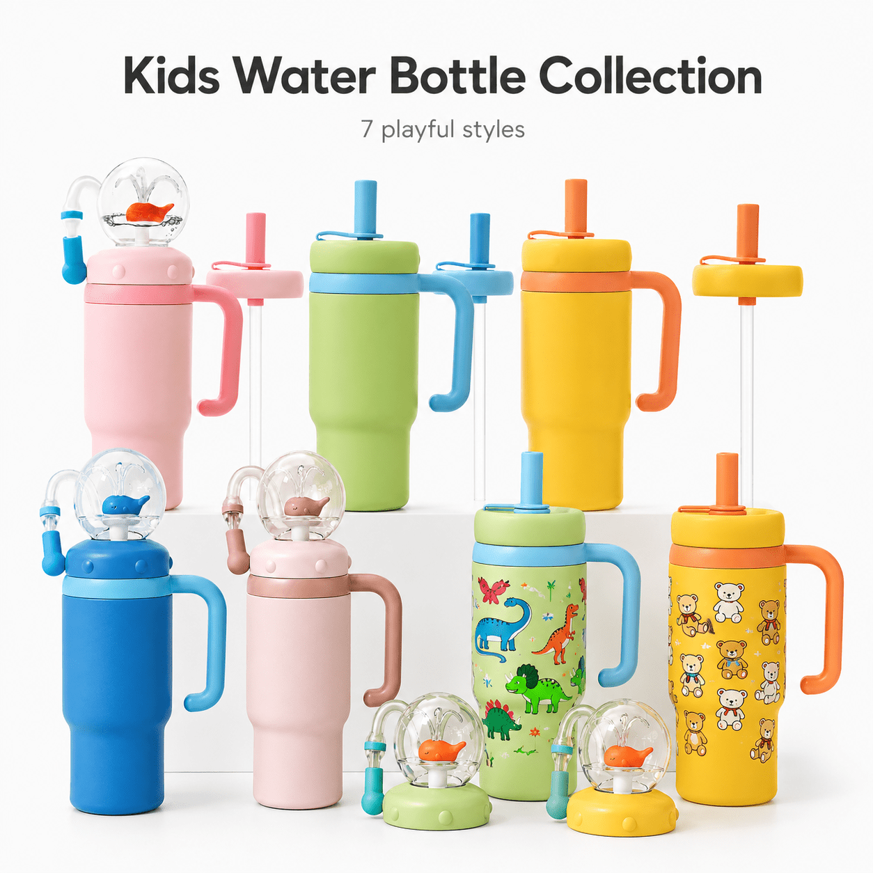 24oz Stainless Steel Whale Fountain Tumbler with Handle,Drinking Cup with Whale Squirt,Whale Water Bottle Two Silicone Soft Tip,Leak-Proof WhaleFountain Tumbler for Kids Teens Adults,Dishwasher Safe