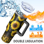 1pc Sunflower 40oz Tumbler with Straw & Handle - Insulated Stainless Steel Cup | Holiday Gift for Man Women (Christmas, Valentine's, Birthday)