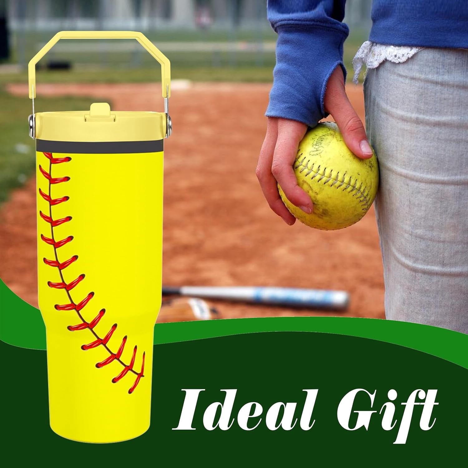 Softball Lover Gift 30 oz Flip Straw Tumbler with Top Handle Softball Pattern BPA-Free Leak Proof Stainless Steel Insulated Vacuum Flip Top Water Bottle for Sporting Working