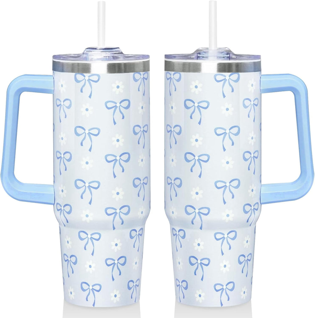 30 Oz Blue Bow Tumbler with Handle and Straw, Insulated Stainless Steel Coffee Travel Cup Mug Water Bottle, Blue Bow Themed Gifts for Women Teen Girl