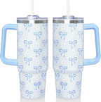 30 Oz Blue Bow Tumbler with Handle and Straw, Insulated Stainless Steel Coffee Travel Cup Mug Water Bottle, Blue Bow Themed Gifts for Women Teen Girl