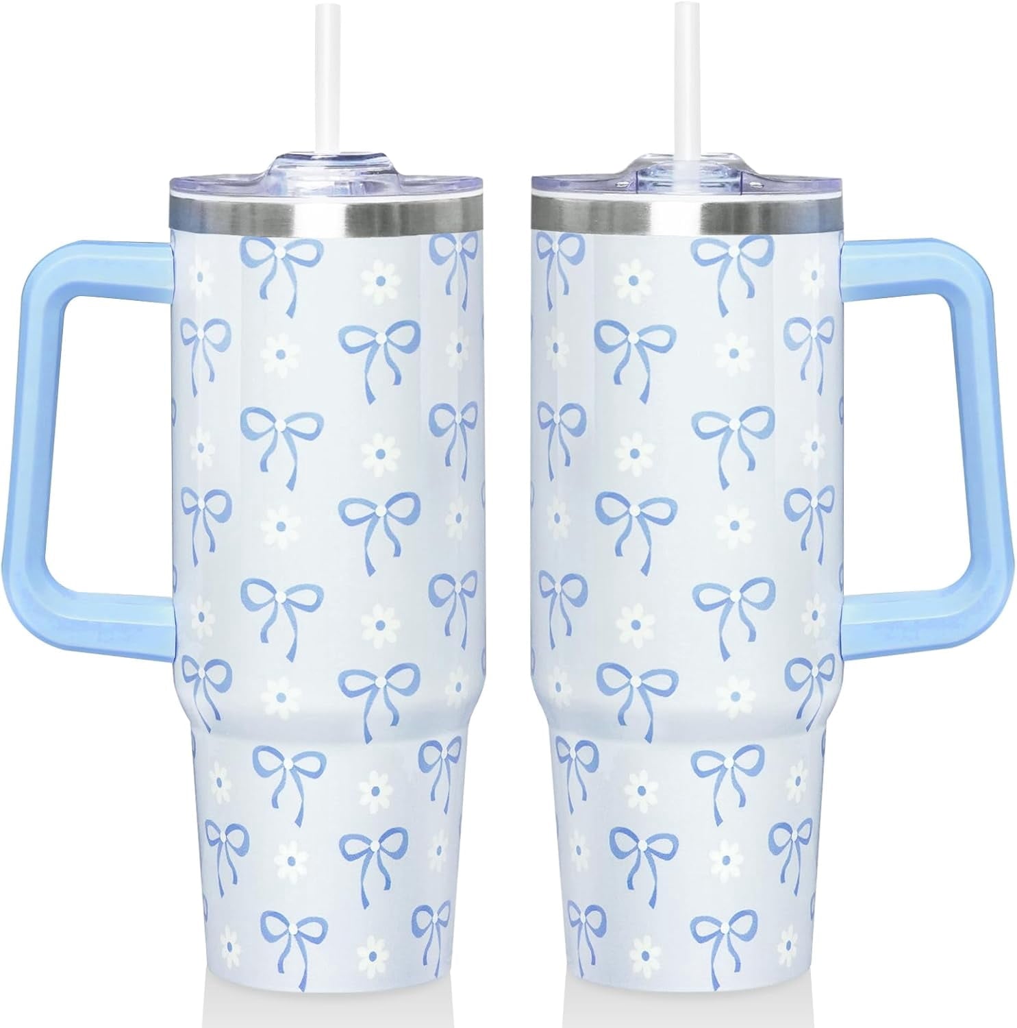 30 Oz Blue Bow Tumbler with Handle and Straw, Insulated Stainless Steel Coffee Travel Cup Mug Water Bottle, Blue Bow Themed Gifts for Women Teen Girl