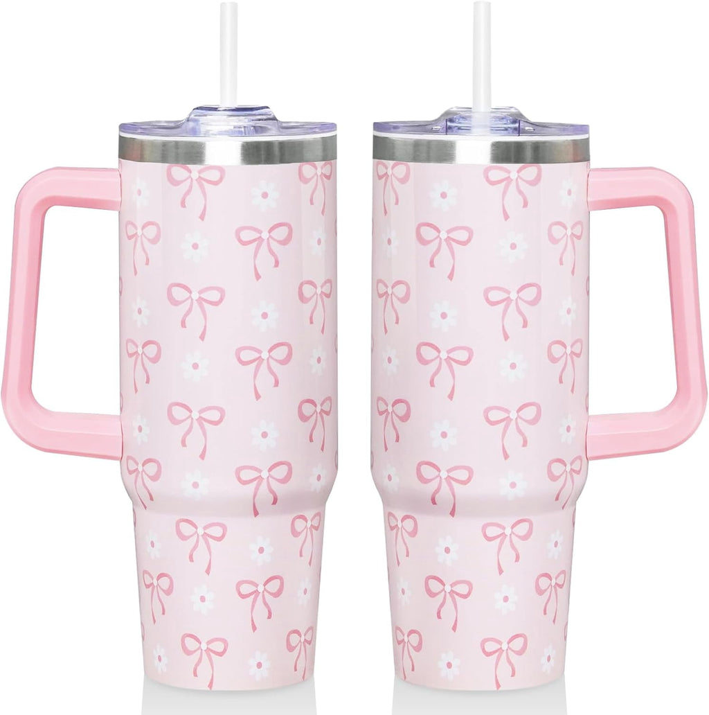 Herobuddy™ 30 Oz Blue Bow Tumbler with Handle and Straw, Insulated Stainless - Insulated Travel Coffee Mug