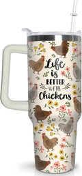 30 oz Chicken Tumbler with Handle and Straw, Floral Rooster Stainless Steel Vacuum Insulated Travel Coffee Mug Cup Water Bottle, Chicken Stuff Accessories Decor, Rooster Gifts for Women Girls